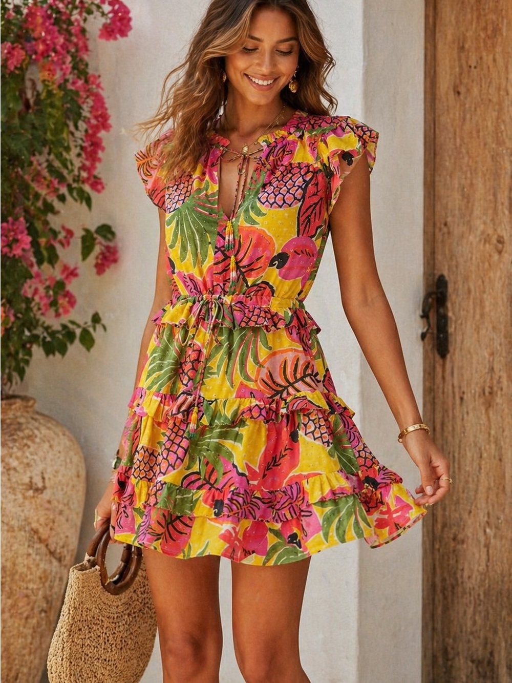 FARM Rio Pineapple Tropical Parrot Mini Dress Tassel Tie Size S